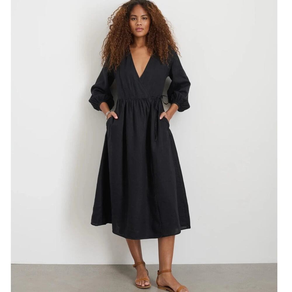 Alex Mill Lauren Linen Wrap Dress, Deep Black, Coastal Minimalist Natural, Large - Picture 2 of 13